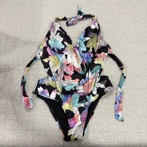 Bar III Draped Front One Piece Swimsuit Black Multicolor Floral Print Size Large